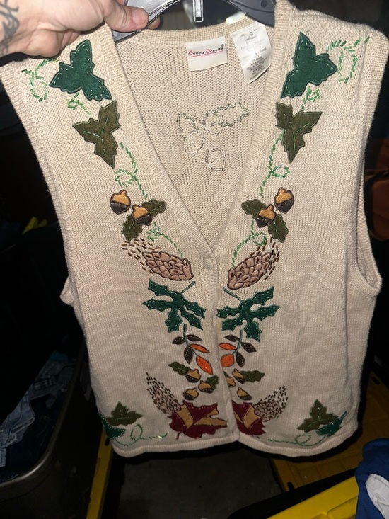 Bobbie Brooks Cream Knit Vest with Autumn Leaf & Acorn Embroidery